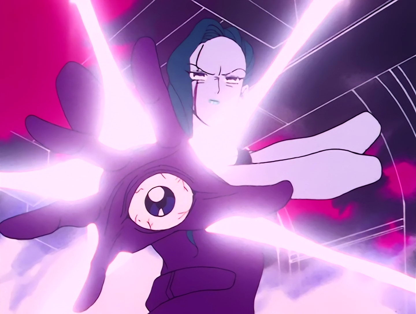 Cameran, a Youma from Sailor Moon episode 17. She has pale lilac skin, long dark blue hair swept over one shoulder, and an asymmetric purple outfit. Her shoulders both flare out into long… protrusions? It’s honestly hard to describe what’s happening with her shoulders but it’s very unusual. Her hand is a camera, and has an eyeball on the palm, as well as glowing spikes coming out of her wrist that I guess are some kind of reflector/lamp deal.